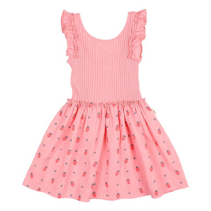 Búho - Vestido acanalado con volantes de fresa de algodón orgánico | Rosa claro