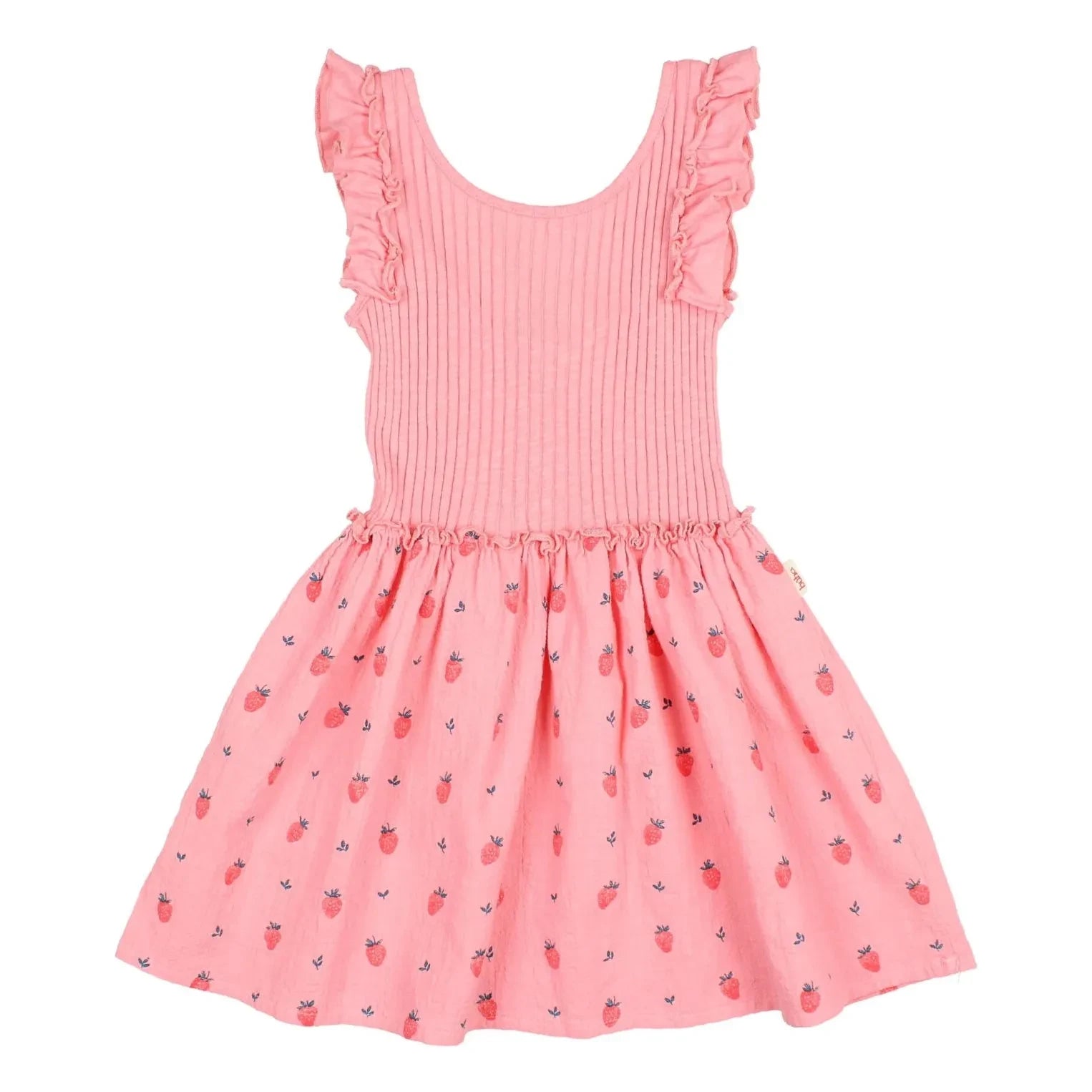 Búho - Vestido acanalado con volantes de fresa de algodón orgánico | Rosa claro