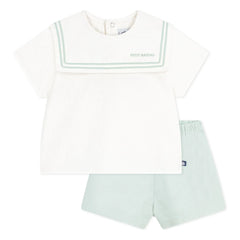 Petit Bateau - Conjunto de top con cuello azul marino y pantalón corto de lino | Sage