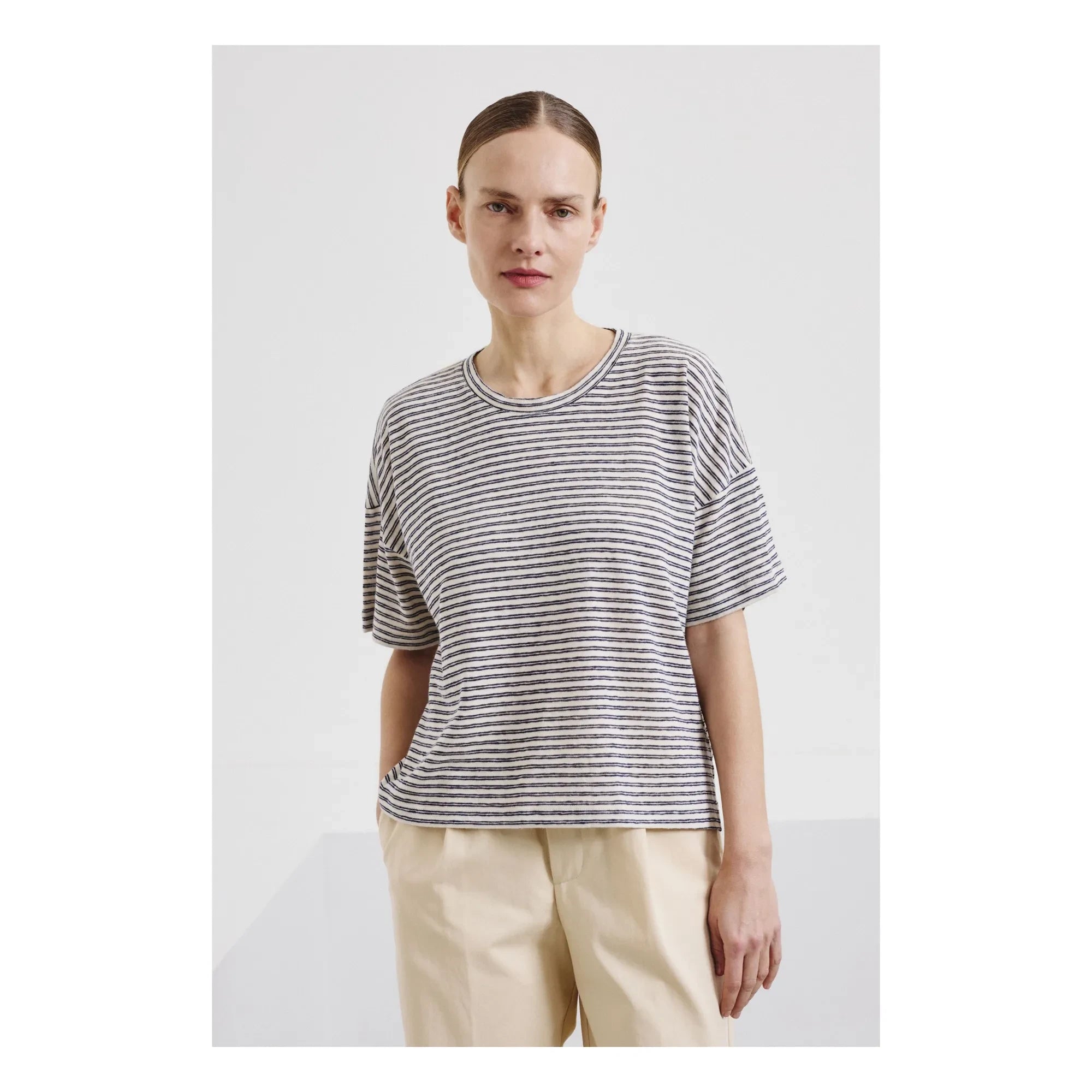 Pomandère - Camiseta de jersey de algodón y lino a rayas | Azul noche