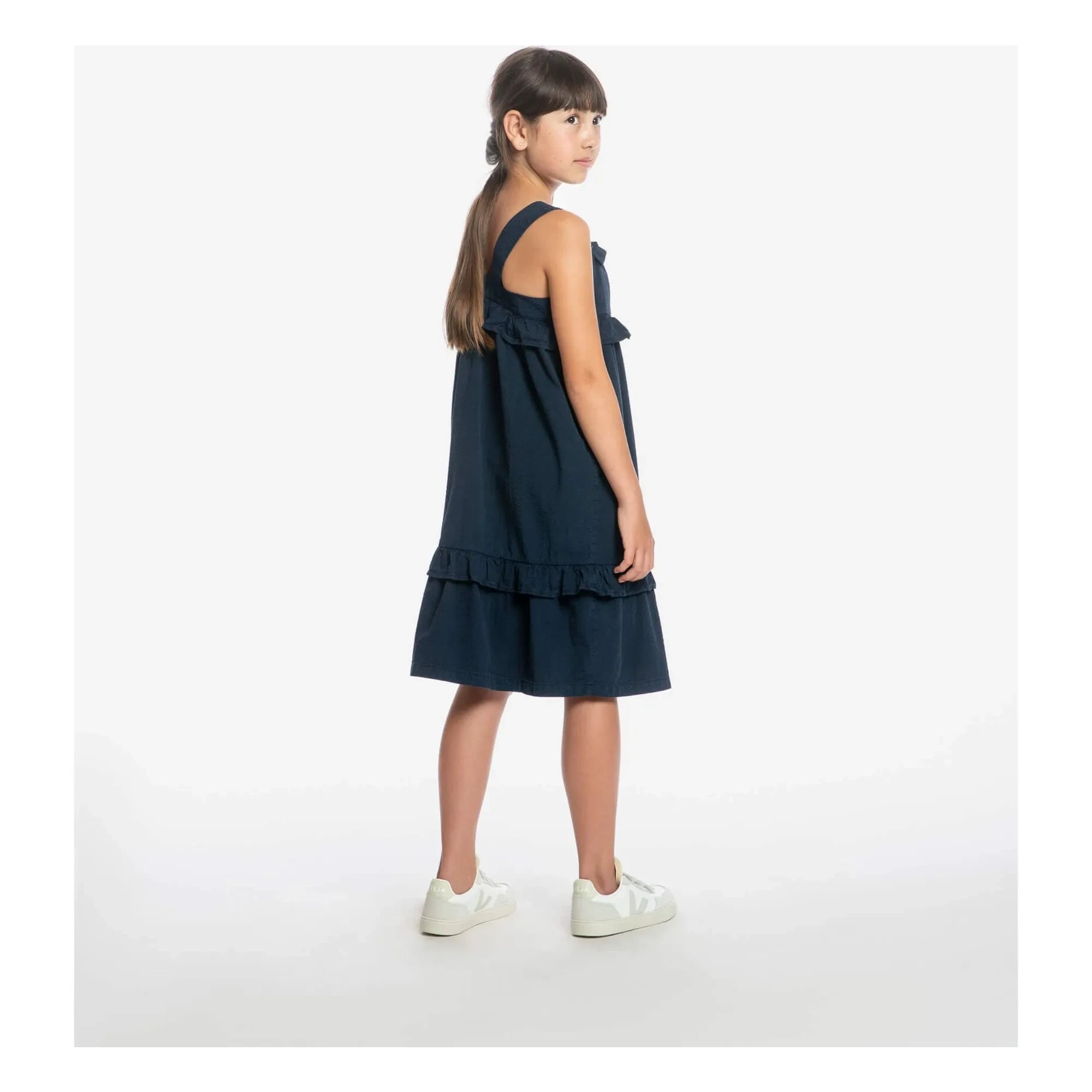 Matona - Vestido con volantes Mi-Long Algodón orgánico | Azul marino