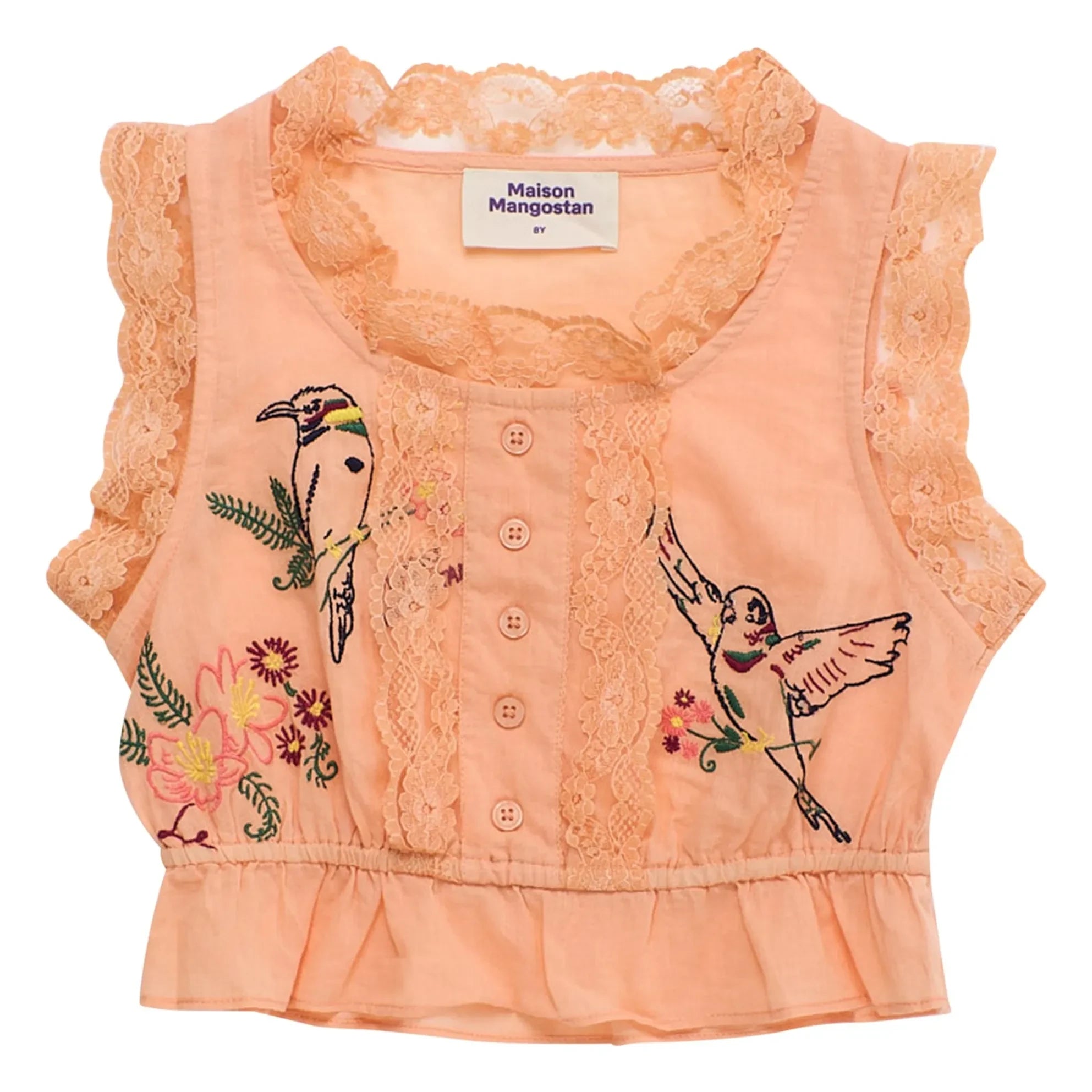 Maison Mangostan - Top bordado de pájaros | Naranja