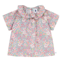 Petit Bateau - Blusa de algodón con volantes y cuello floral | Turquesa