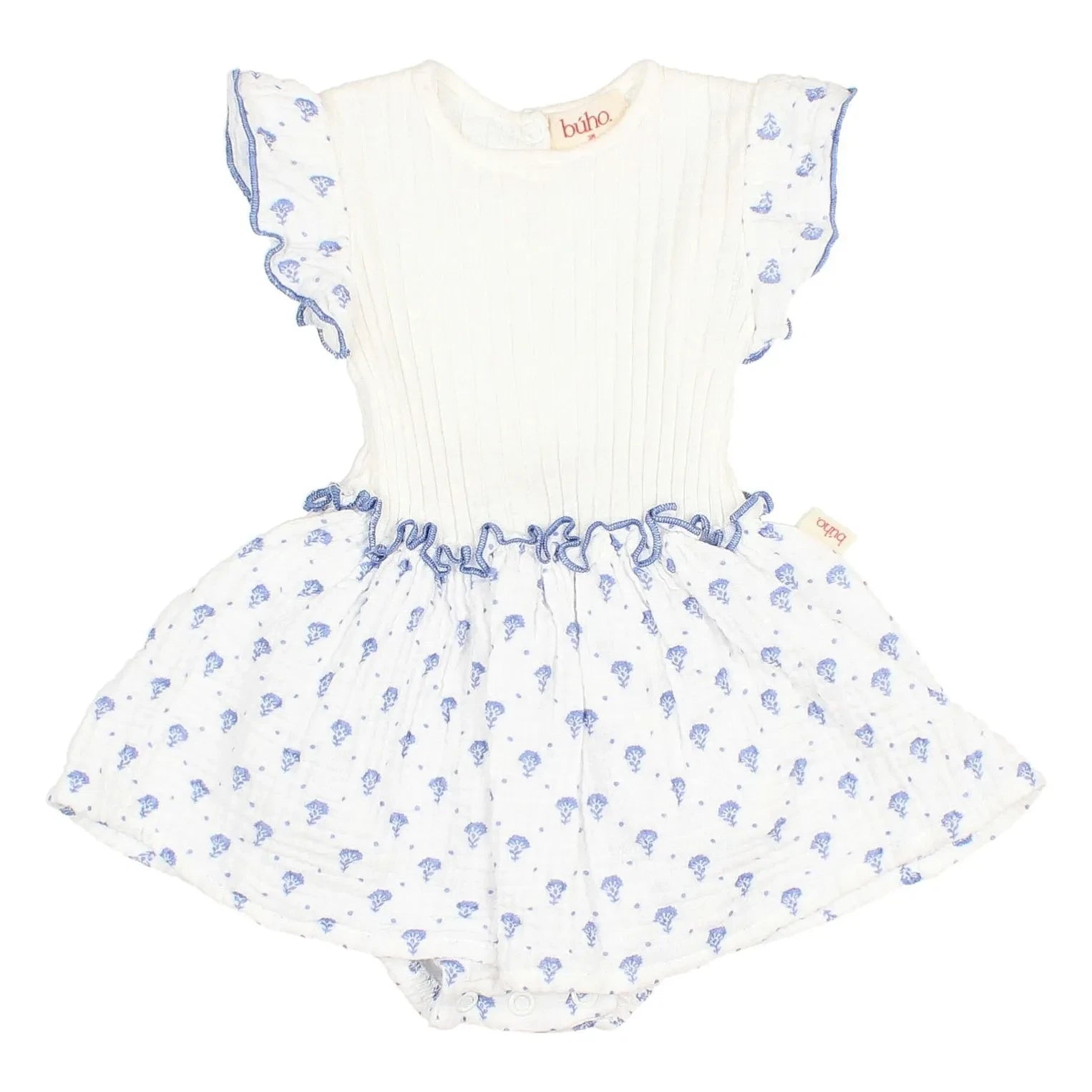 Búho - Vestido overol de algodón orgánico con estampado floral de Bali | Azul índigo