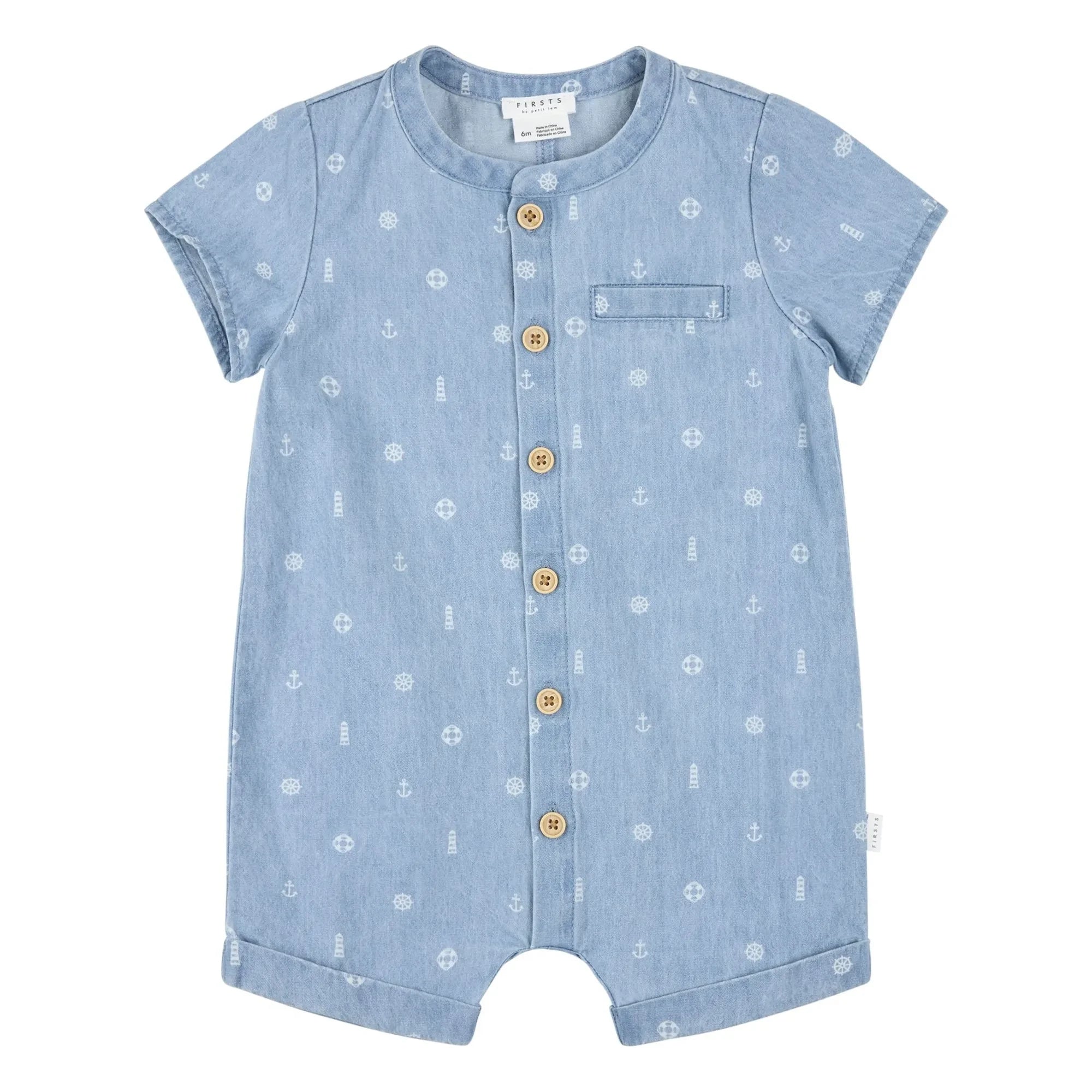 Petit Lem - Chambray de algodón orgánico - Mono con anclas | Azul denim