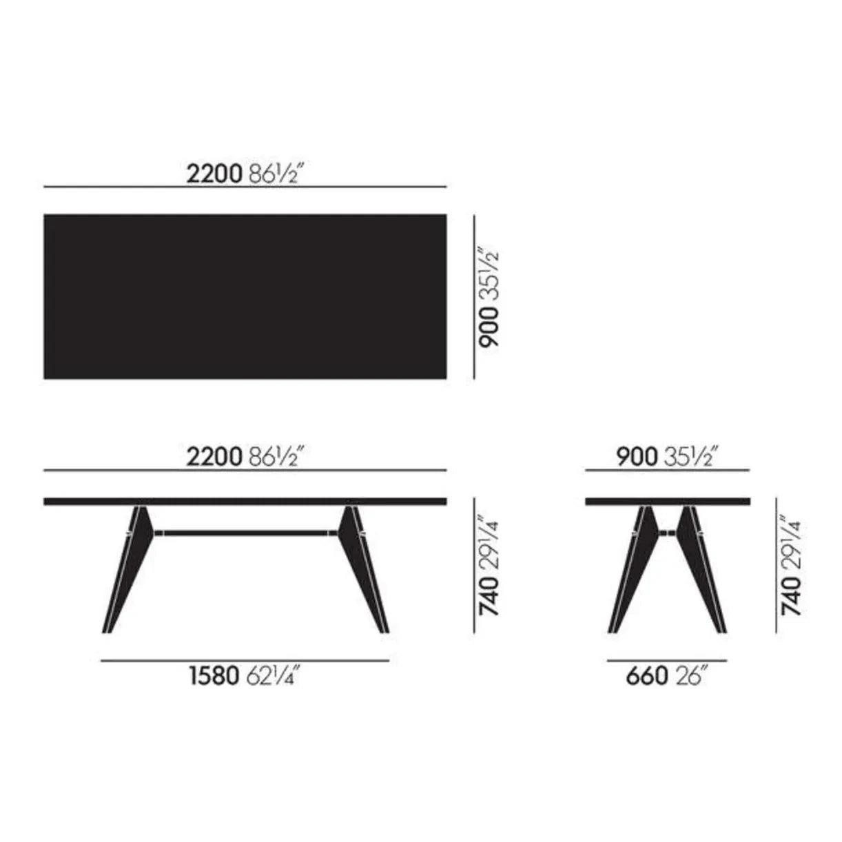 Vitra - Mesa EM, roble natural aceitado 220x90 cm - patas negras - Jean Prouvé | Roble