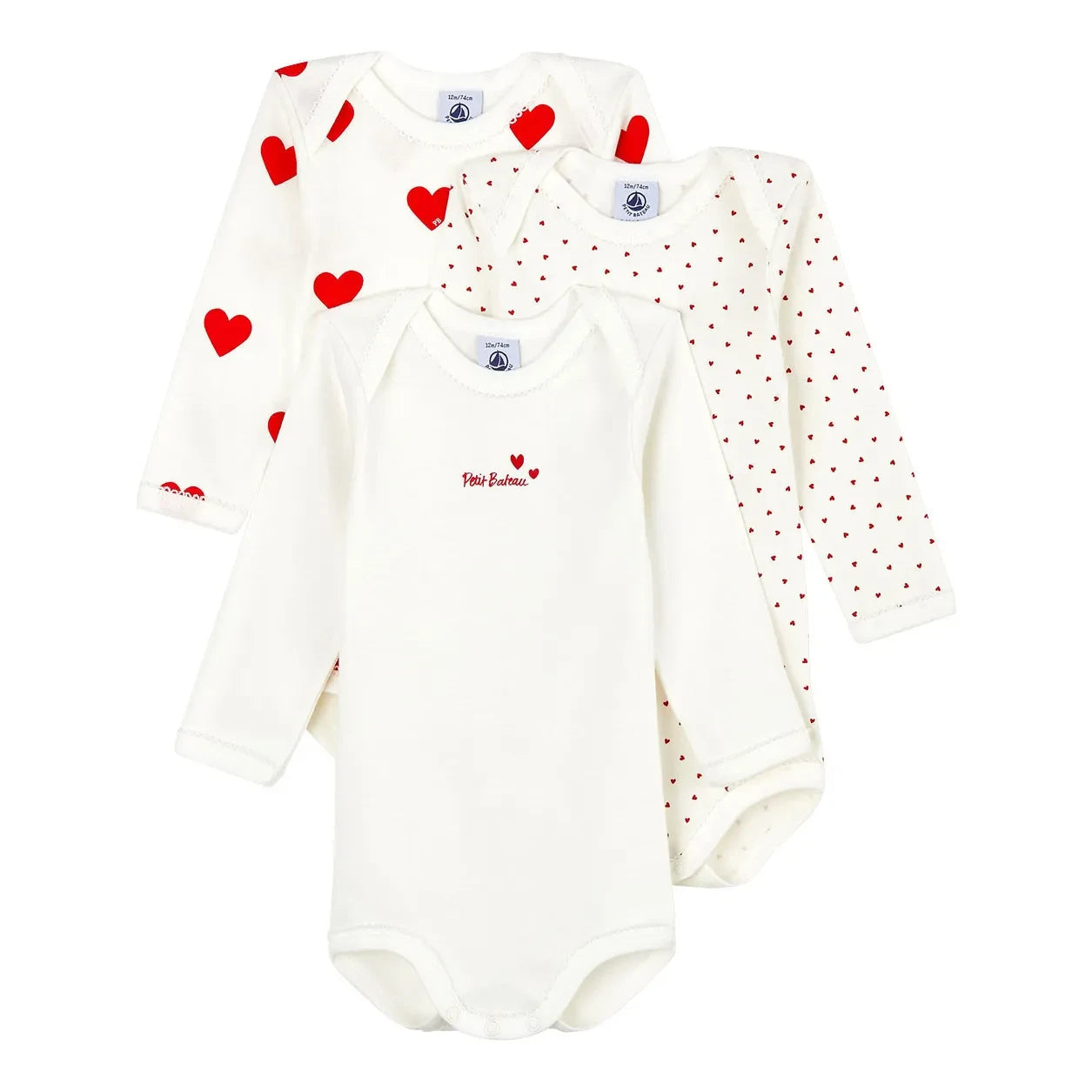 Petit Bateau - Conjunto de 3 peleles de corazón de algodón orgánico | Blanco
