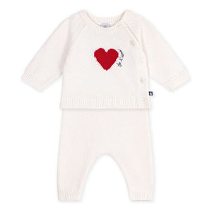 Petit Bateau - Yün Kalp Hırka ve Pantolon Seti | Beyaz