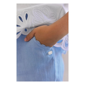 Tartine et Chocolat - Pantalón de lino con bolsillo y volantes | Azul claro