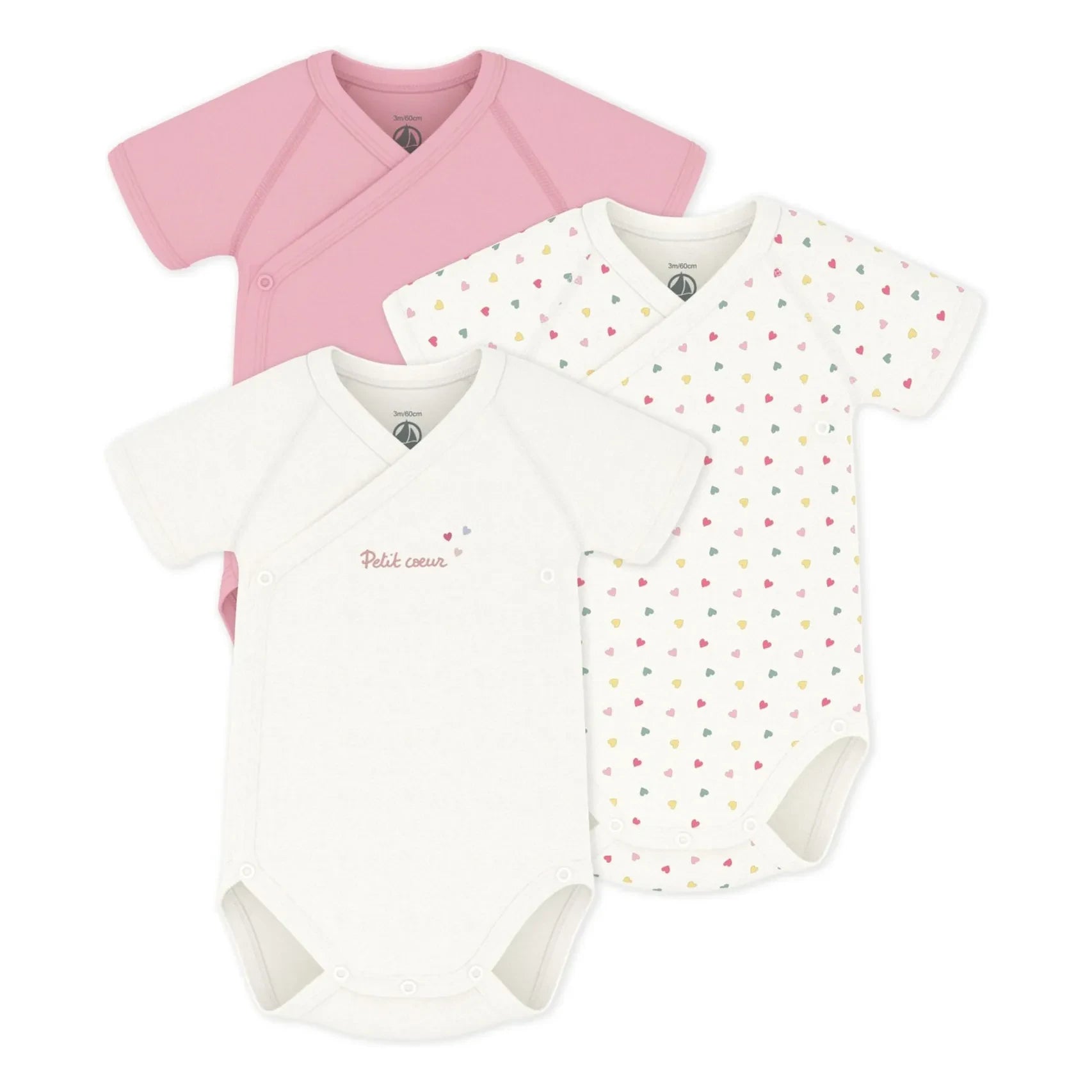Petit Bateau - Conjunto de 3 bodys cruzados de algodón orgánico con corazones pequeños | Blanco