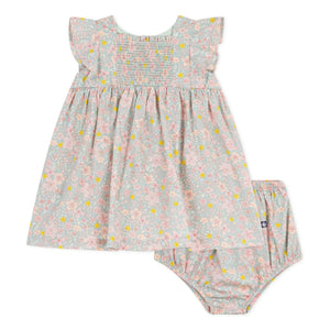 Petit Bateau - Conjunto de vestido y braguita bloomer de algodón orgánico con estampado floral | Azul grisáceo