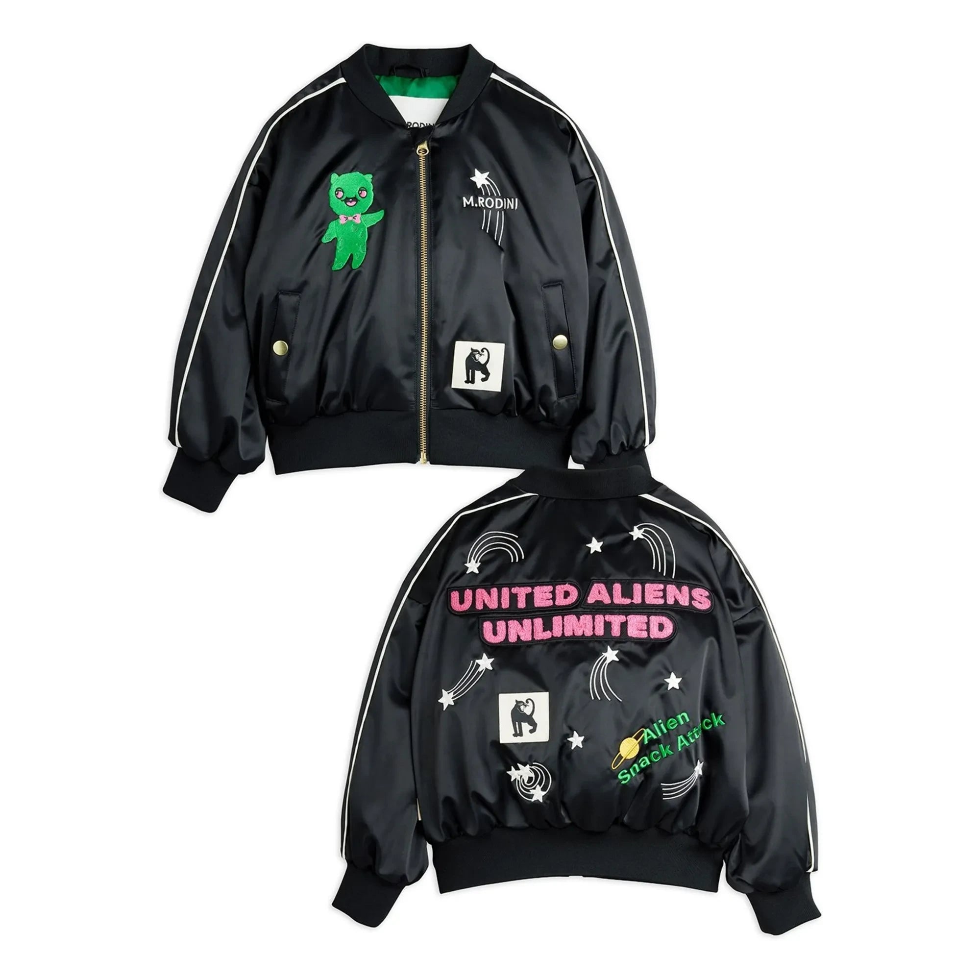 Mini Rodini - Chaqueta de béisbol de satén de fibra reciclada Alien | Negro
