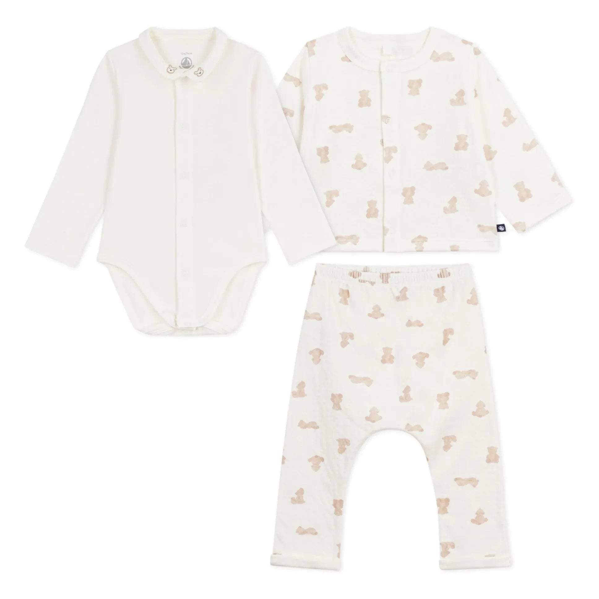 Petit Bateau - Conjunto de body de osito, chaleco y pantalón de algodón orgánico | Blanco