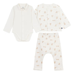 Petit Bateau - Conjunto de body de osito, chaleco y pantalón de algodón orgánico | Blanco