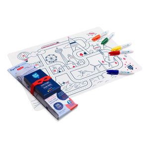 Superpetit - Set de mantel individual para colorear con 5 rotuladores y pulsera La aventura en la ciudad