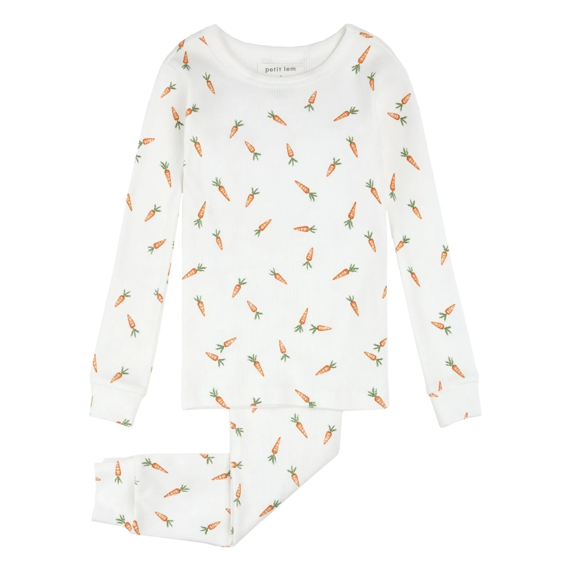 Petit Lem - Pijama de algodón orgánico acanalado con estampado de zanahorias | Blanco