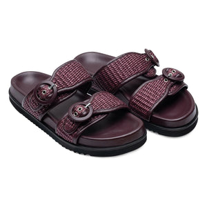 Lachoix - Sandalias de piel y rafia con doble hebilla | Color burdeos