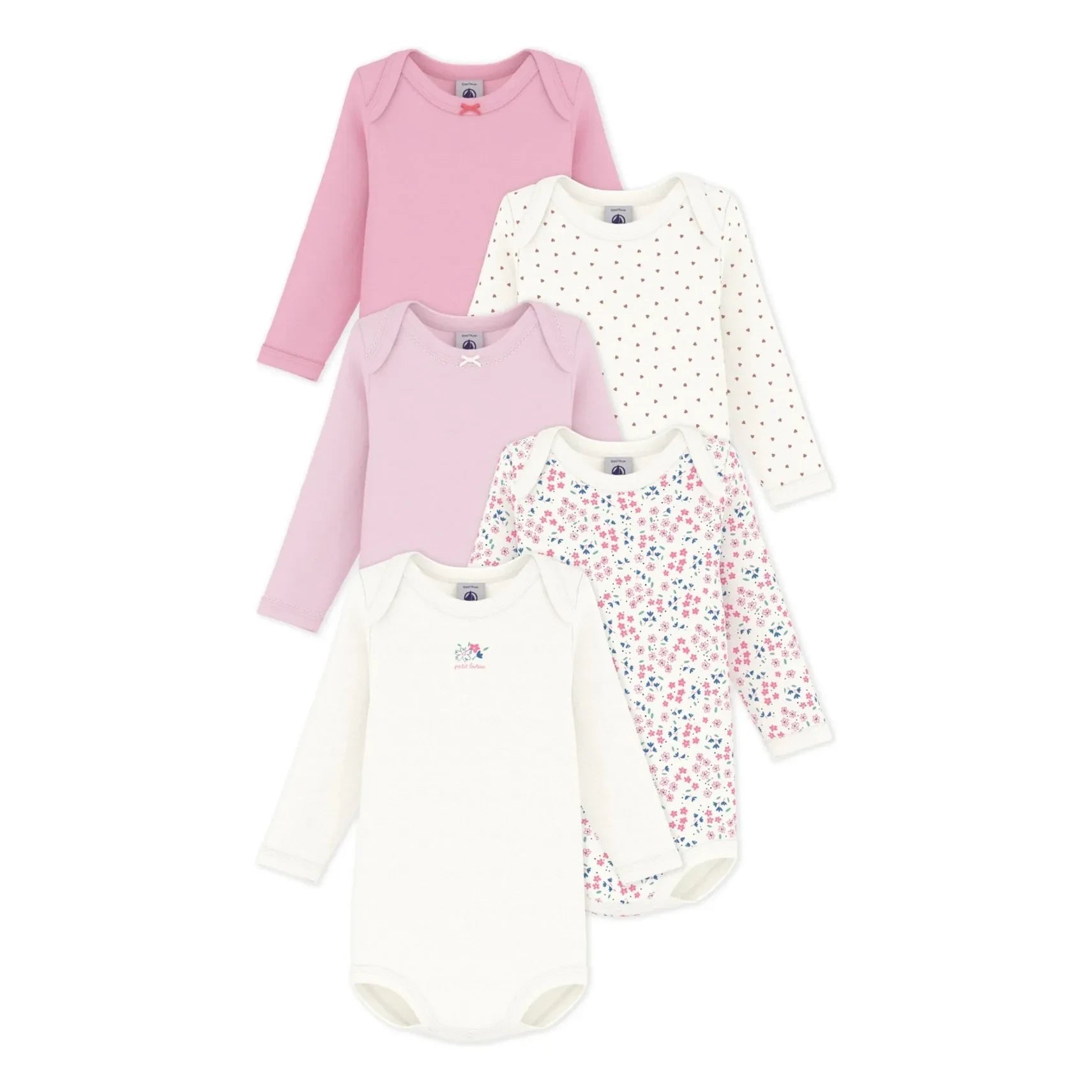Petit Bateau - Conjunto de 5 bodies de algodón orgánico con flores | Rosa