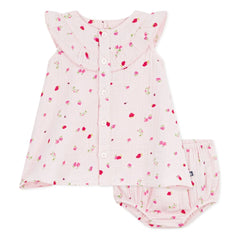 Petit Bateau - Conjunto de vestido y braguita floreados de gasa de algodón orgánico | Rosa