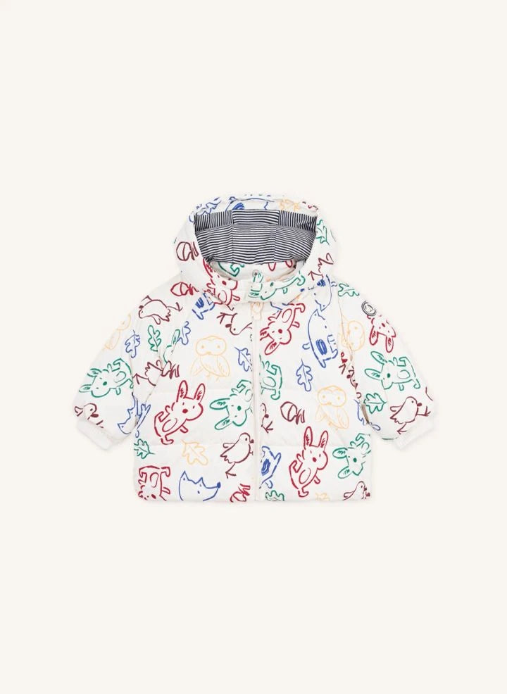 Petit Bateau - Ecru Abrigo de plumón con estampado de animalitos para bebé