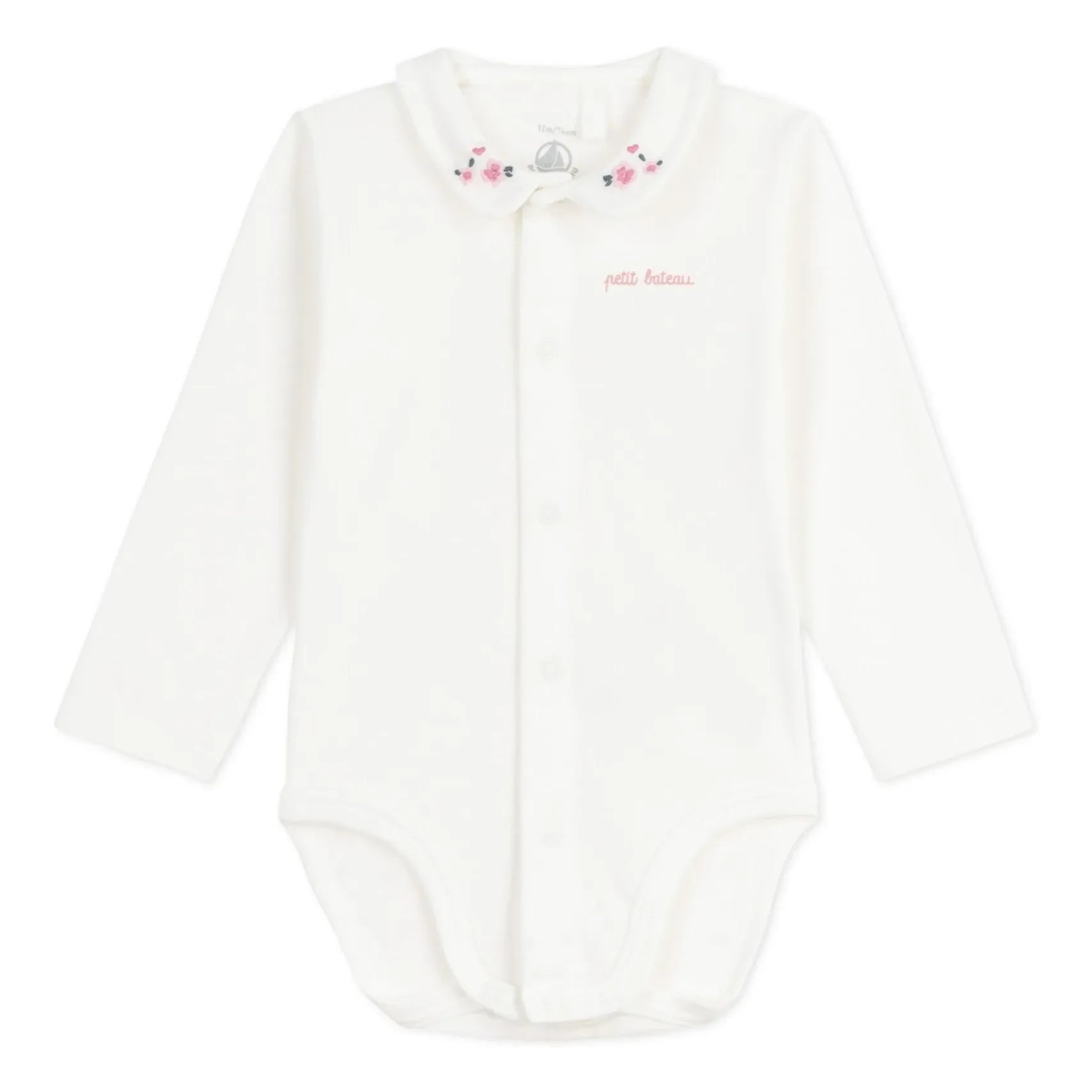 Petit Bateau - Body con cuello bordado floral de algodón orgánico | Blanco