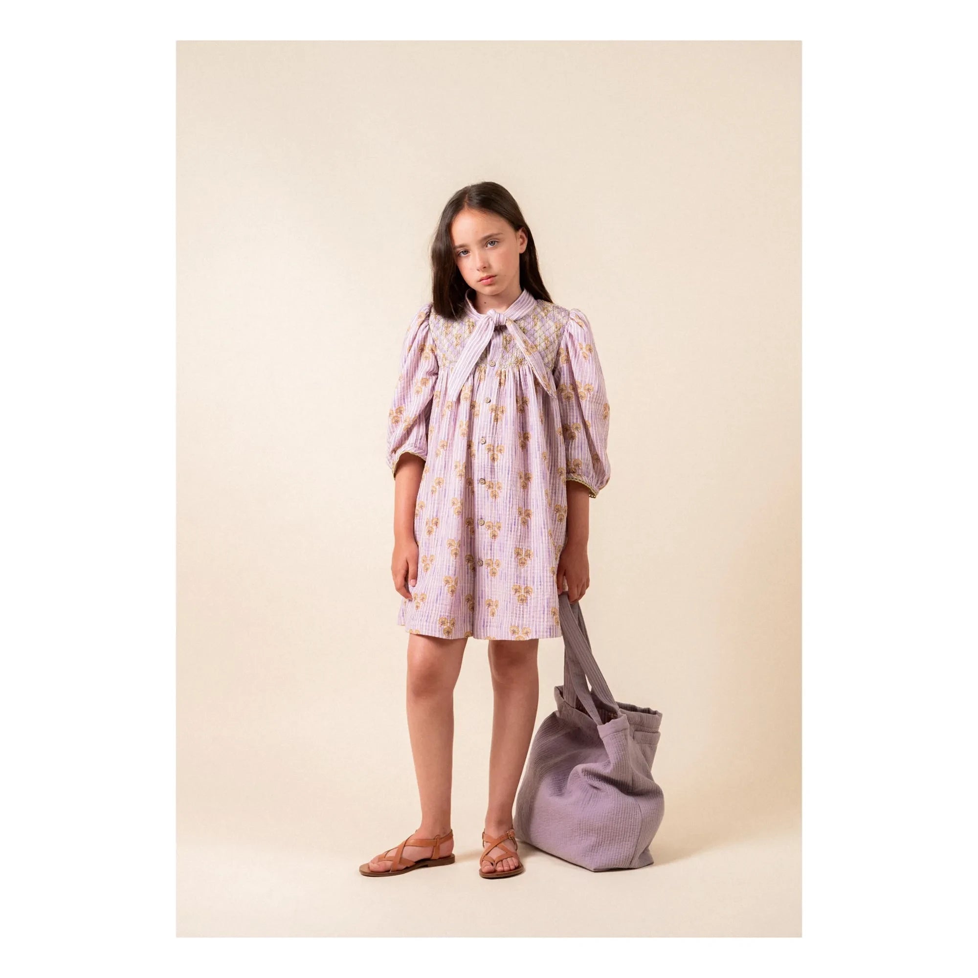 birinit - Vestido fruncido Cinca de algodón orgánico a rayas | Lila oscuro