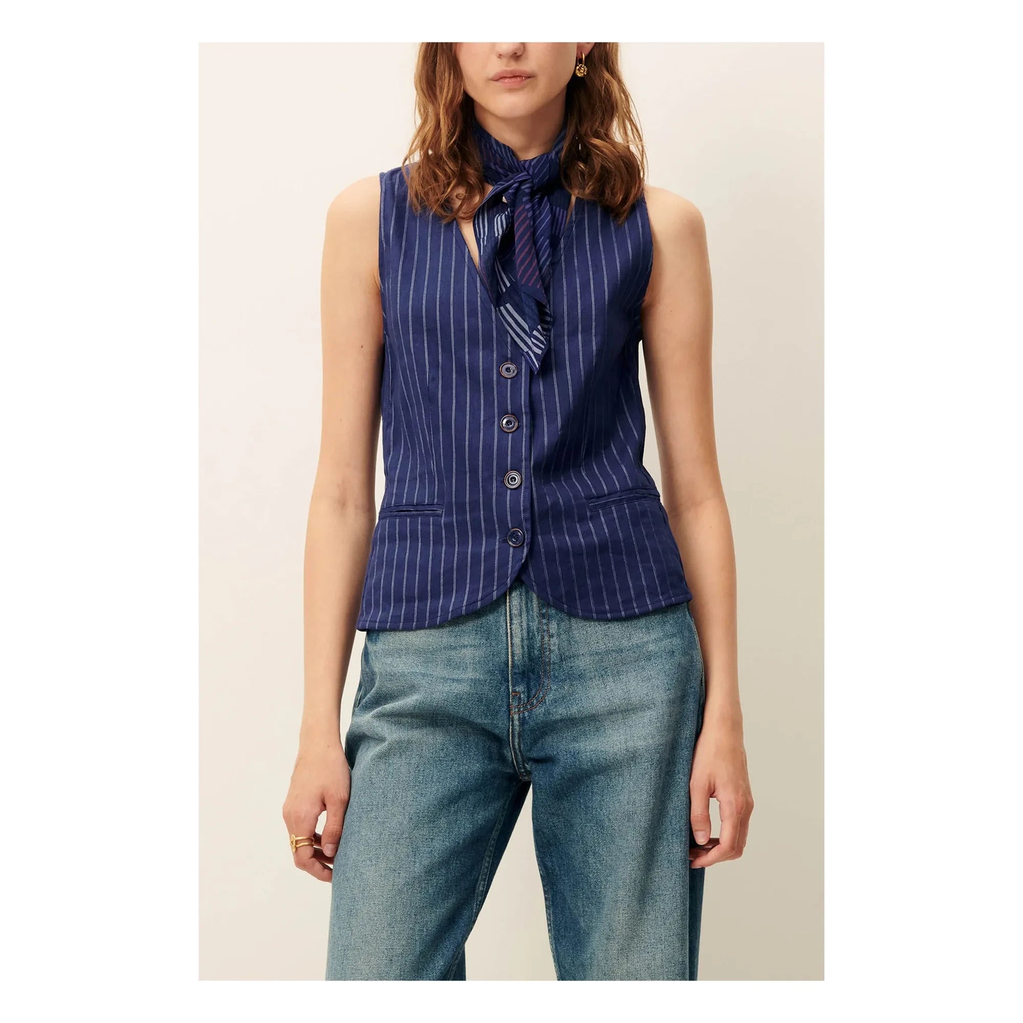 Sessùn - Blusa sin mangas de lino a rayas Fernando | Azul marino