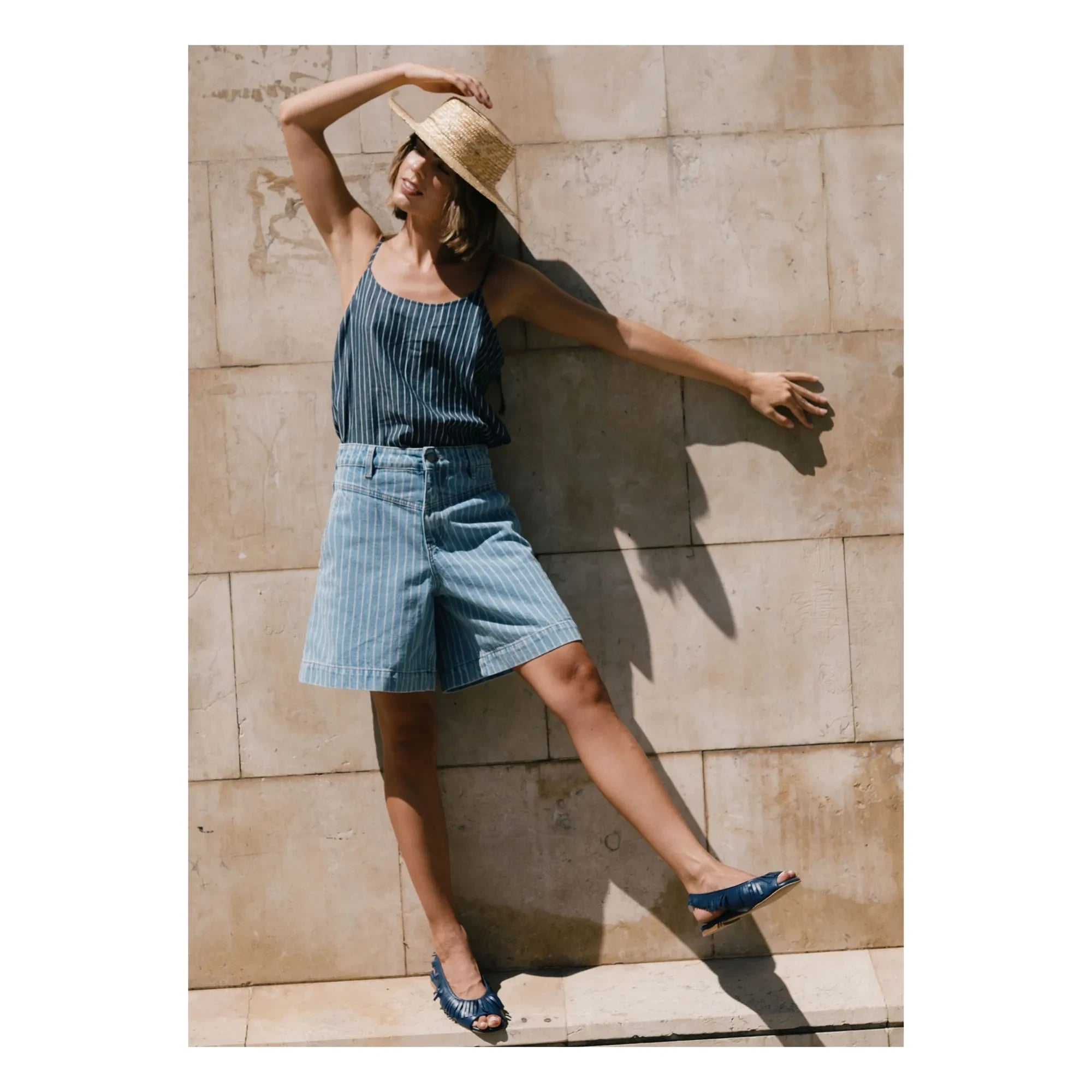 The Tiny Big Sister - Short de rayas de algodón | Azul denim