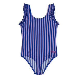 Jera Mini - Traje de baño con volantes a rayas | Azul marino