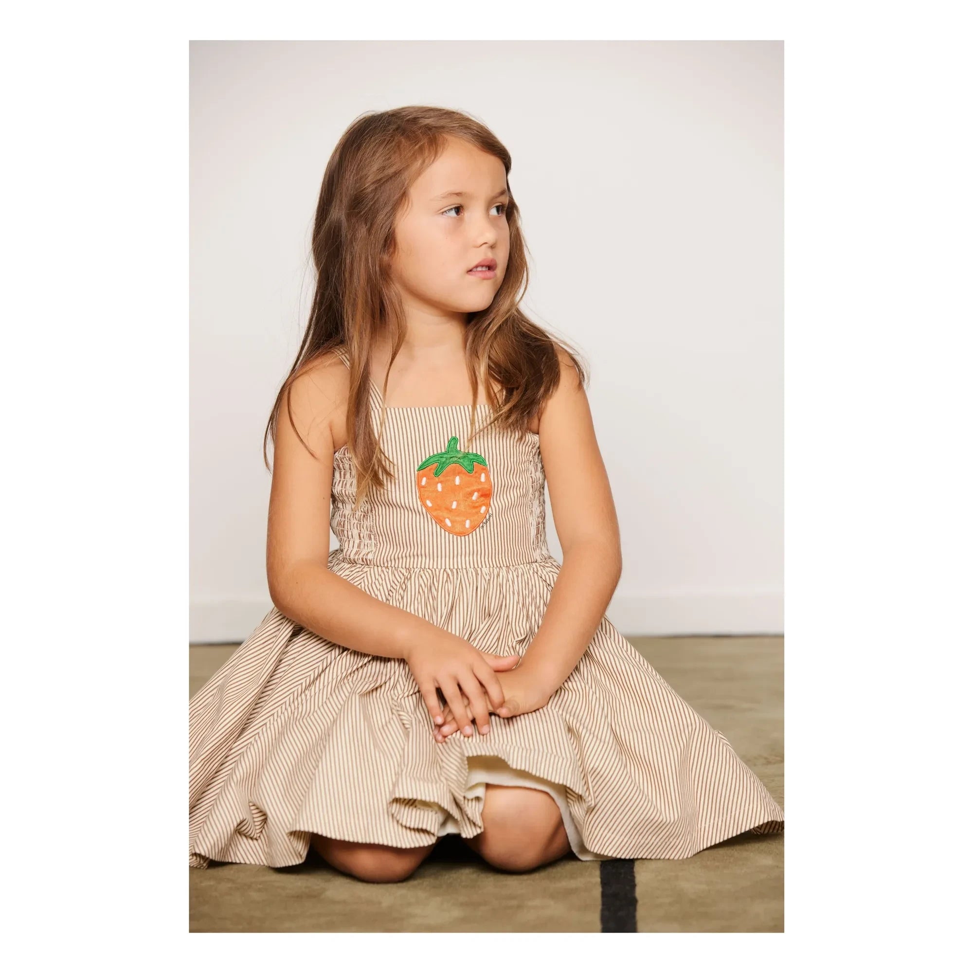 Mini Rodini - Vestido Fruncido de Popelín de Algodón Orgánico a Rayas | Marrón