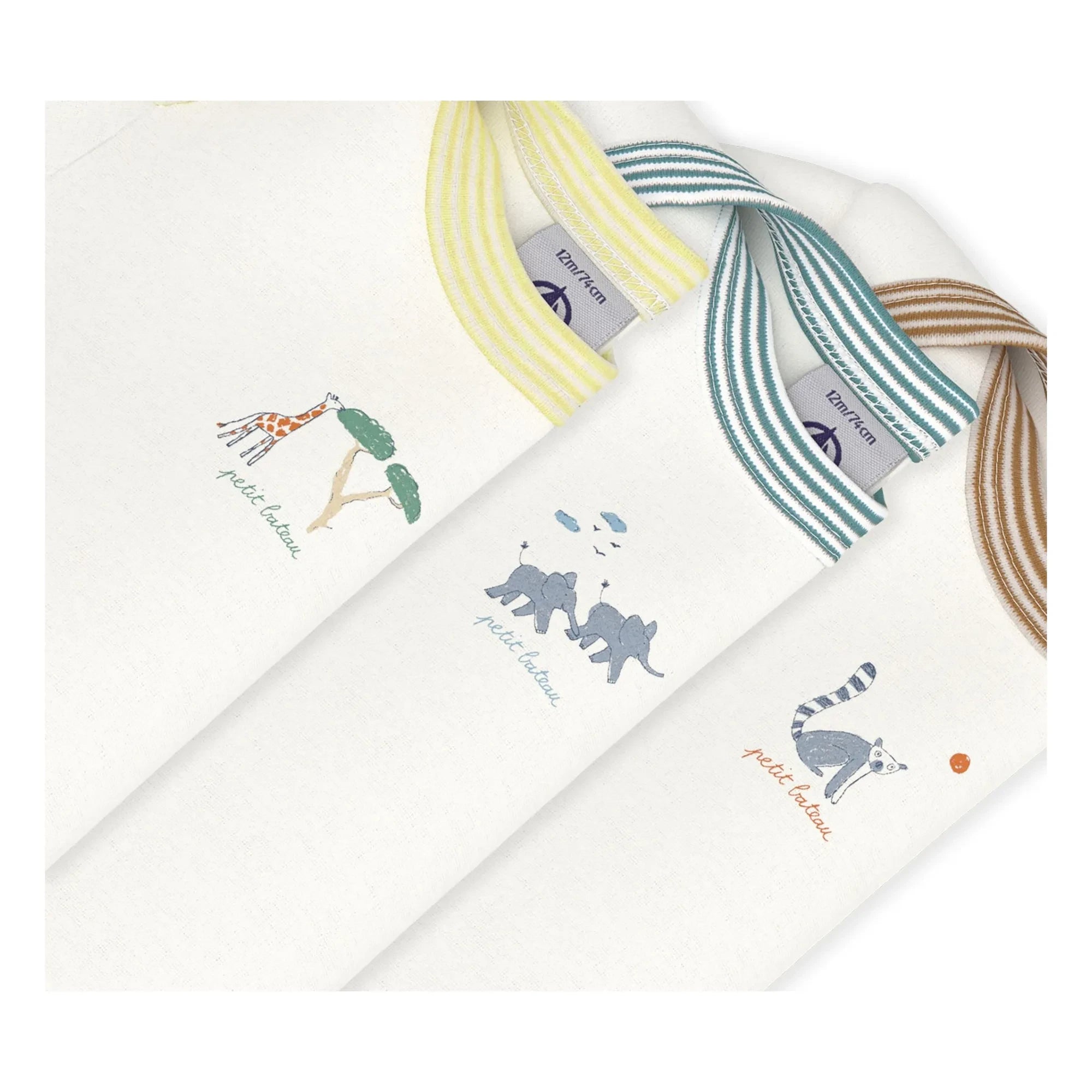 Petit Bateau - Conjunto de 3 peleles de algodón orgánico con animales | Blanco
