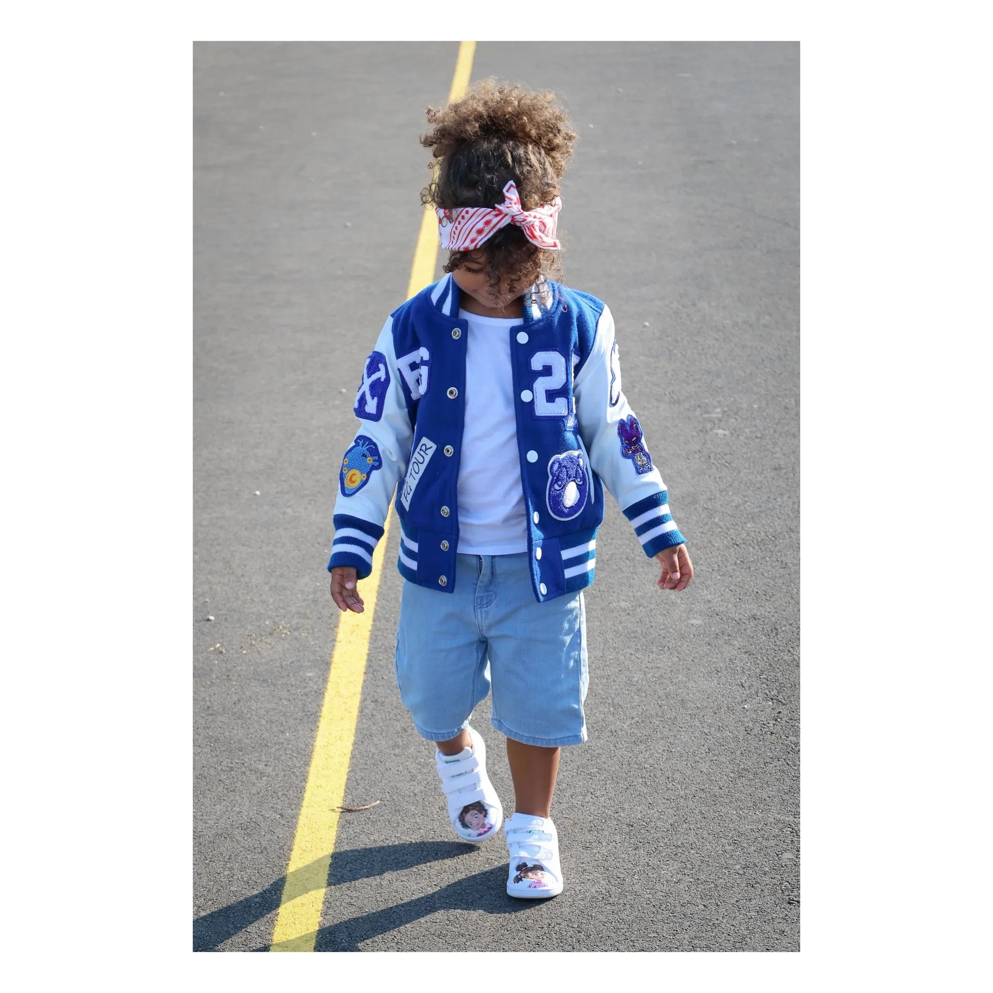 Niño Niña - Chaqueta Bomber Letterman de Cuero Estupenda | Azul
