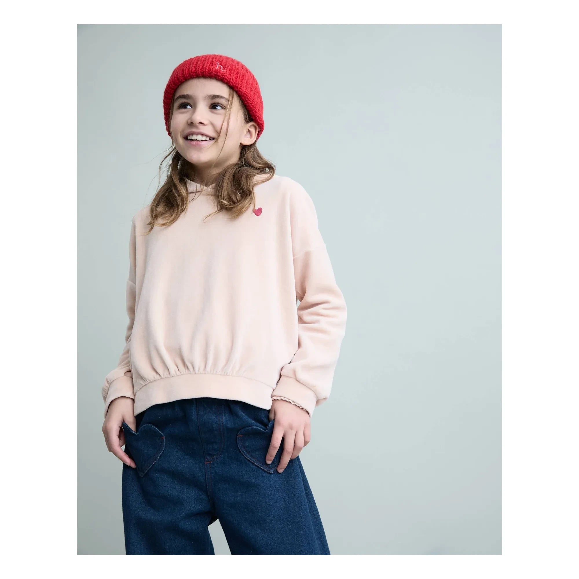 Búho - Kadife Kalp Kapüşonlu Sweatshirt | Açık Pembe