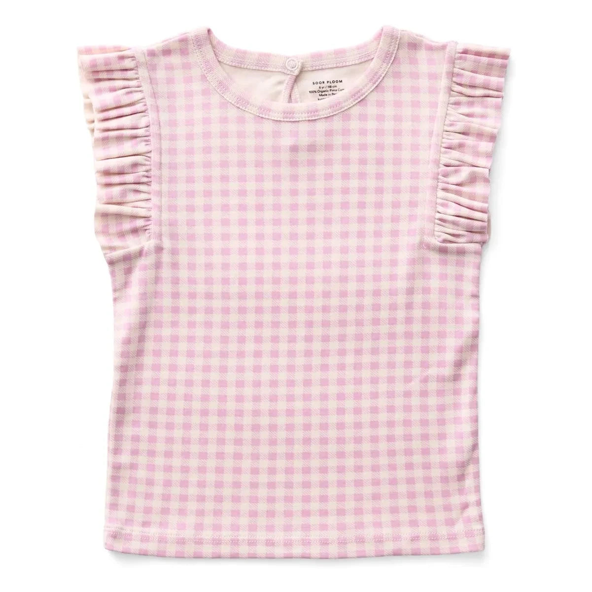 Soor Ploom - Camiseta de Algodón Orgánico Vichy con Volantes de Pointelle | Rosa