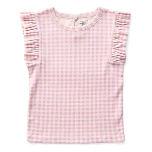 Soor Ploom - Camiseta de Algodón Orgánico Vichy con Volantes de Pointelle | Rosa