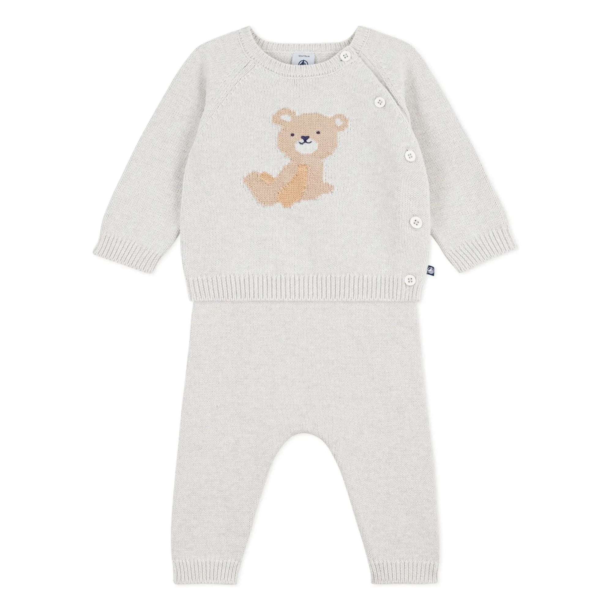 Petit Bateau - Conjunto de jersey de jacquard de ositos y pantalones de algodón orgánico | Beige jaspeado