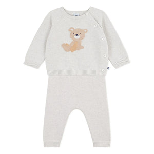 Petit Bateau - Conjunto de jersey de jacquard de ositos y pantalones de algodón orgánico | Beige jaspeado