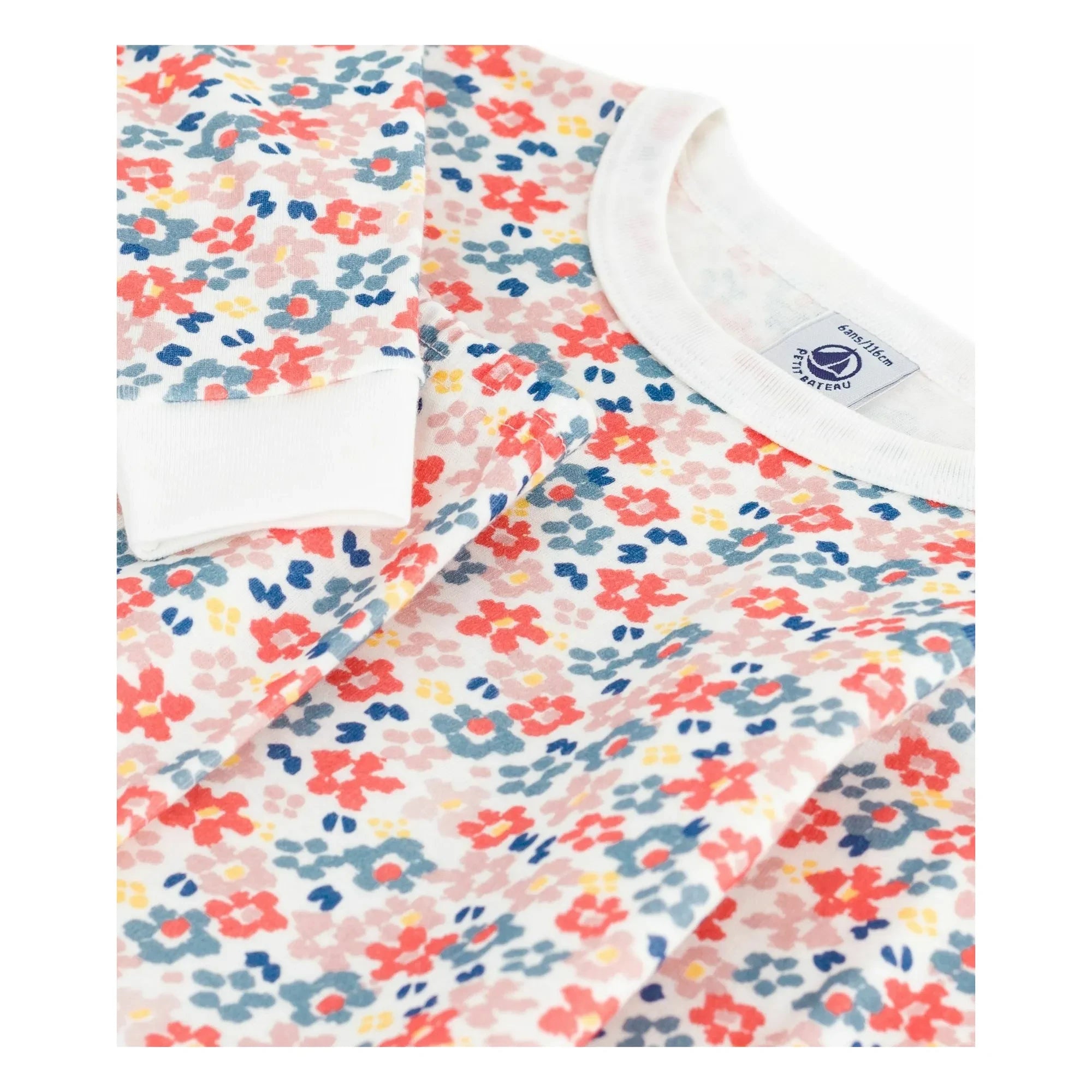 Petit Bateau - Conjunto de pijama de algodón orgánico con estampado floral y bordes en contraste | Blanco