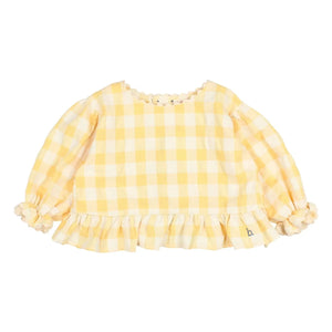 Búho - Blusa de seersucker de cuadros vichy de 3/4 | Amarillo
