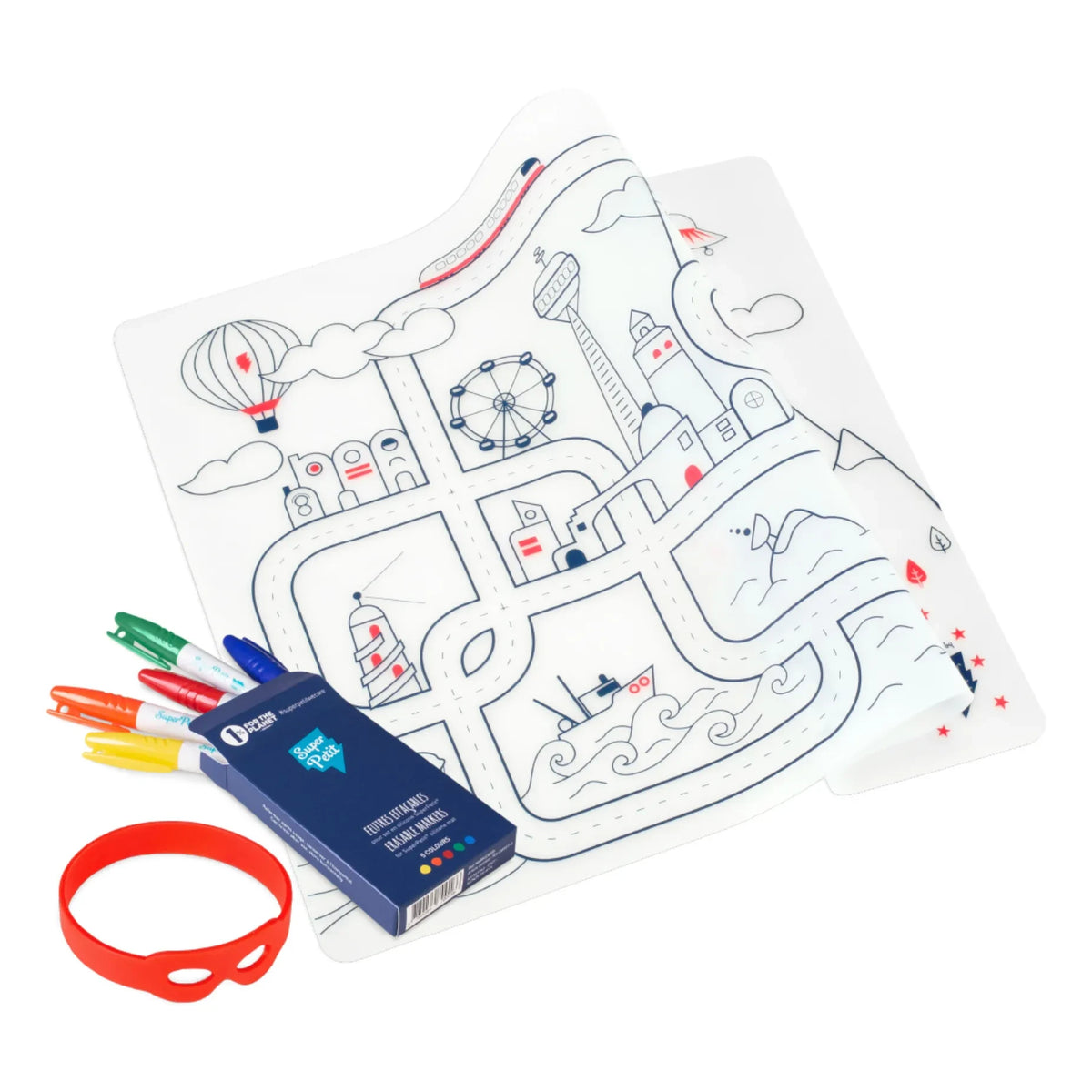 Superpetit - Set de mantel individual para colorear con 5 rotuladores y pulsera La aventura en la ciudad