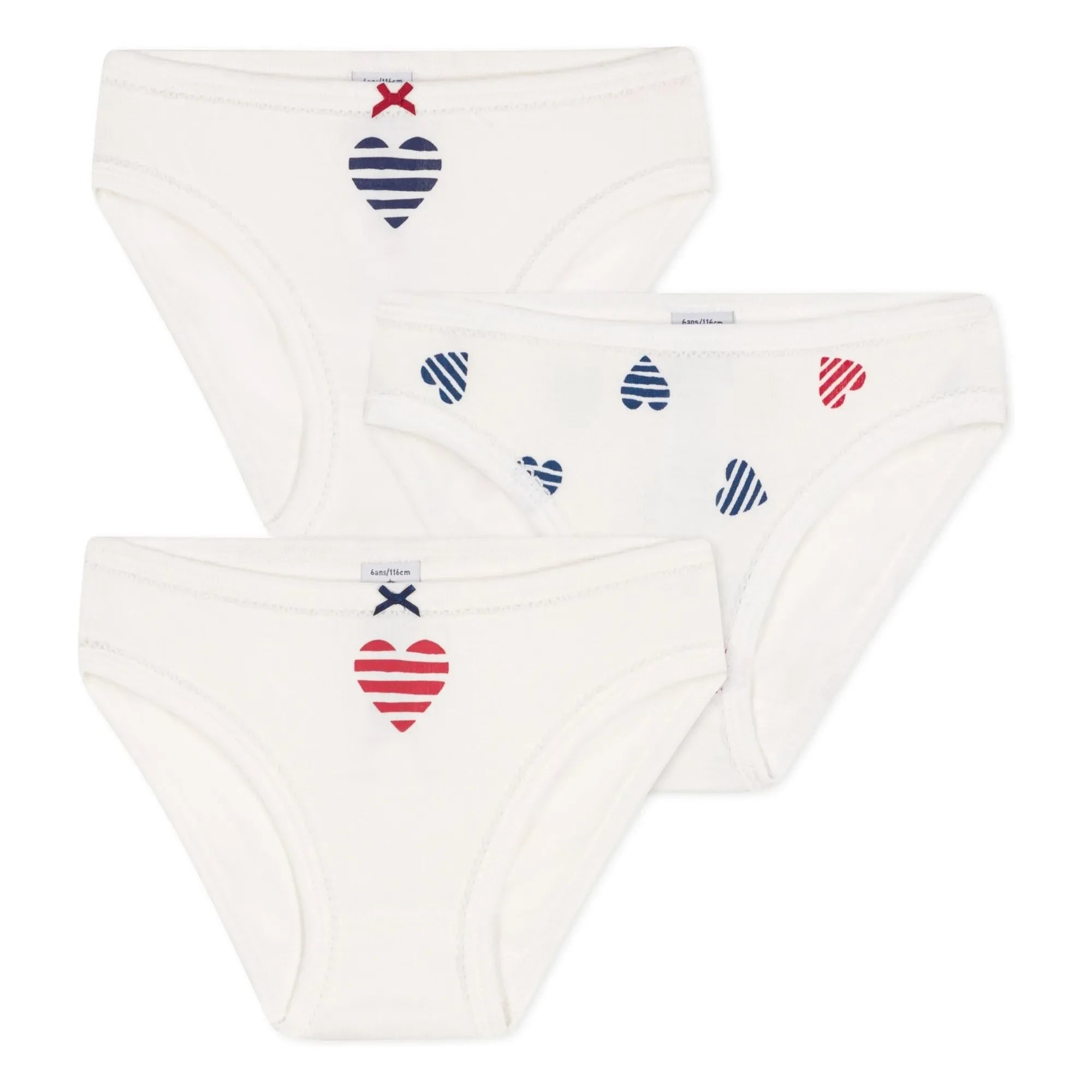 Petit Bateau - Conjunto de 3 braguitas de algodón orgánico a rayas con corazones | Crudo