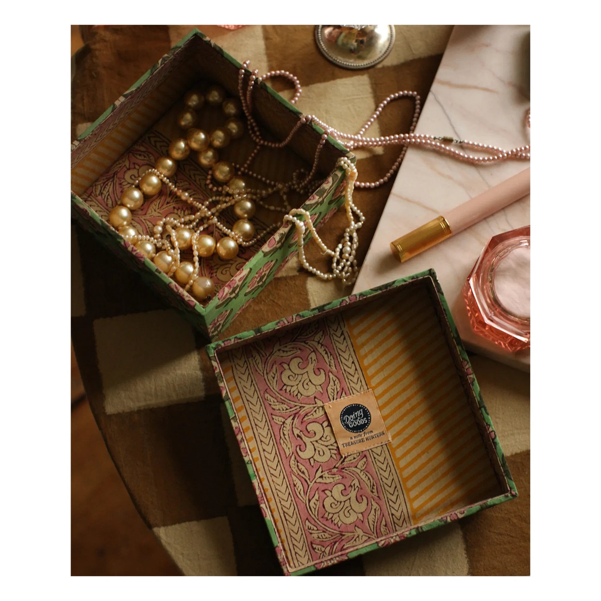 Doing Goods - Cajas cuadradas Emma Wood y Algodón - Set de 2 | Verde