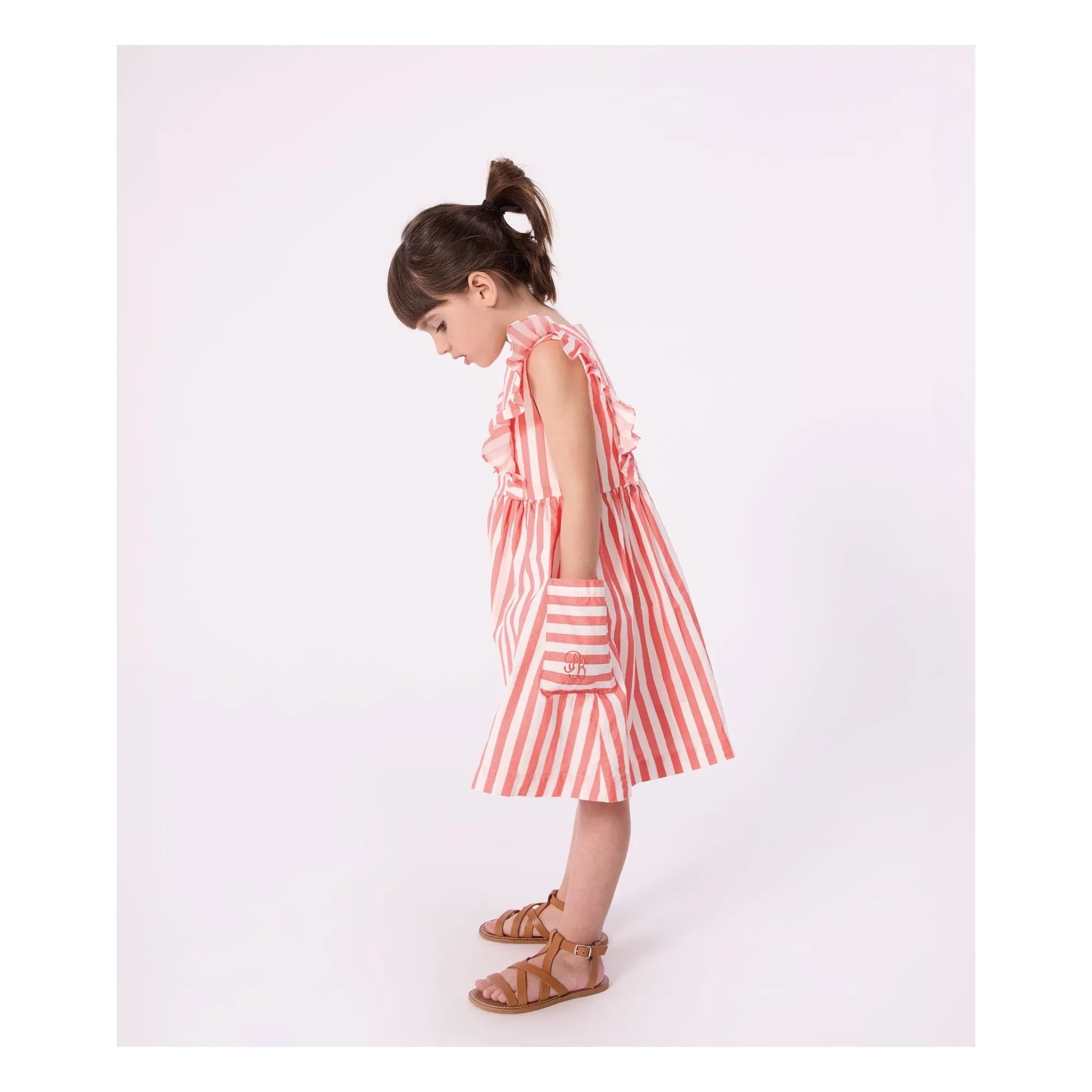 Petit Bateau - Vestido con volantes de algodón orgánico a rayas | Coral