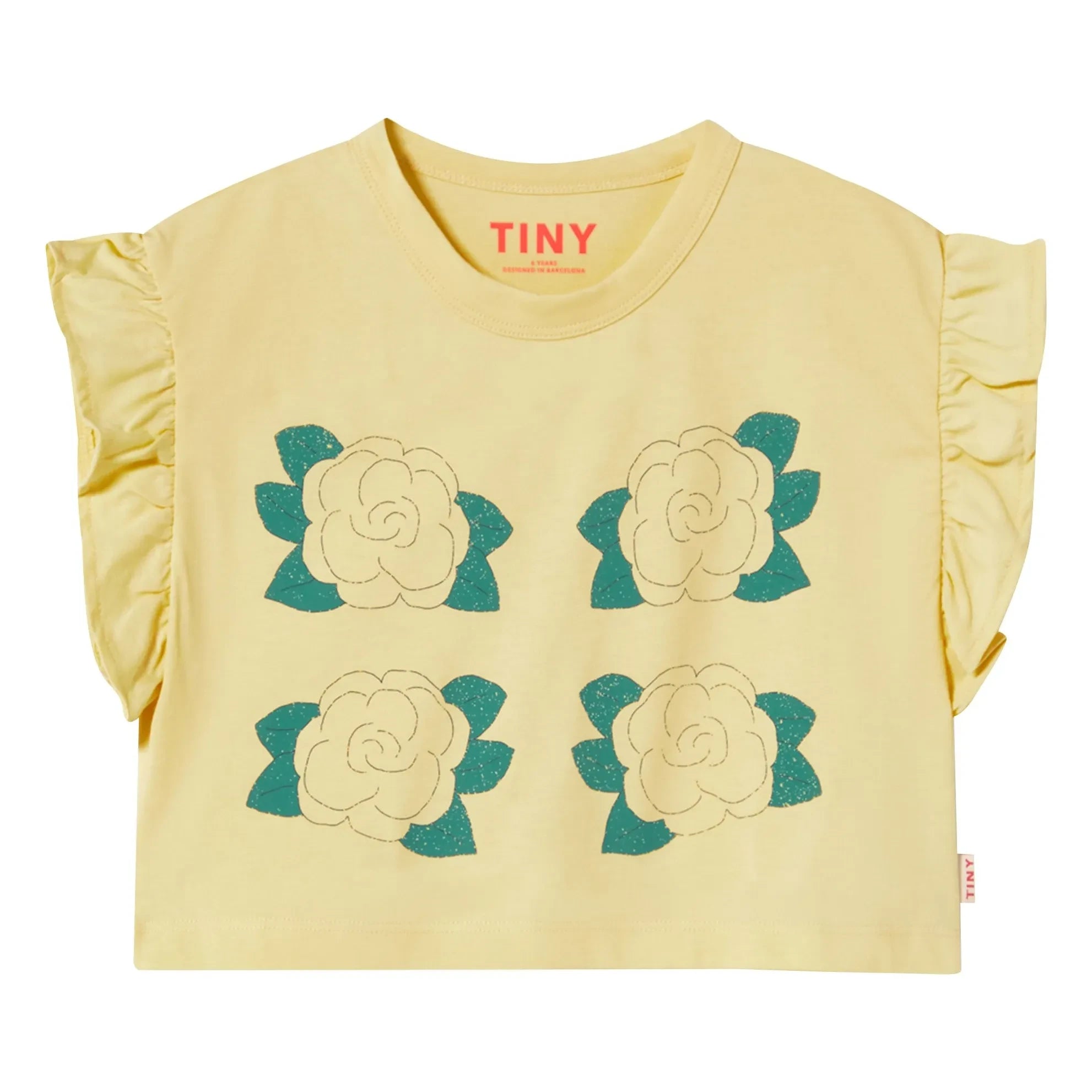 Tinycottons - Camiseta corta de algodón orgánico con volantes rosa | Amarillo pálido