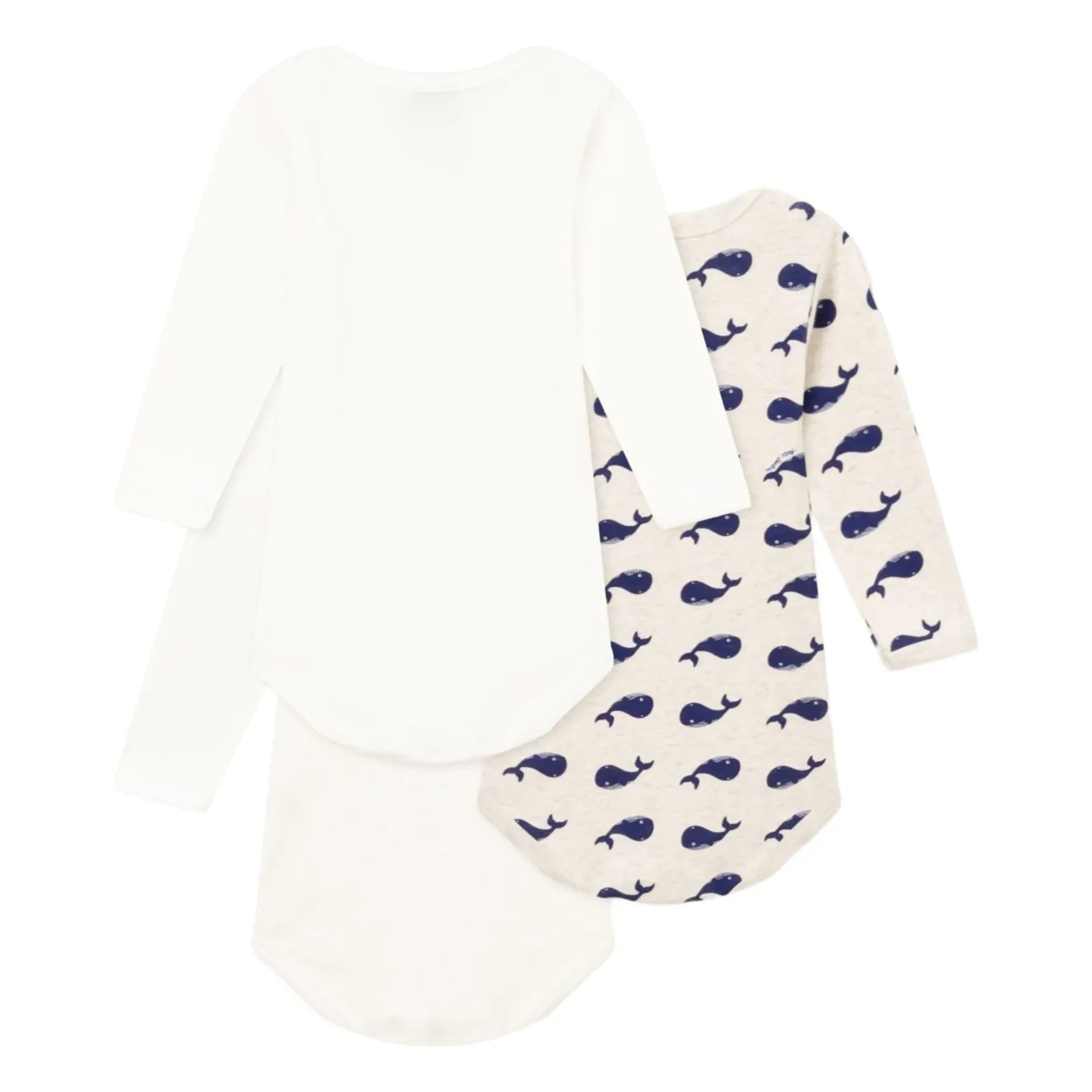 Petit Bateau - Conjunto de 3 Bodys de Manga Larga de Algodón Orgánico con Estampado de Ballenas | Blanco