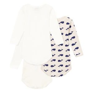Petit Bateau - Conjunto de 3 Bodys de Manga Larga de Algodón Orgánico con Estampado de Ballenas | Blanco