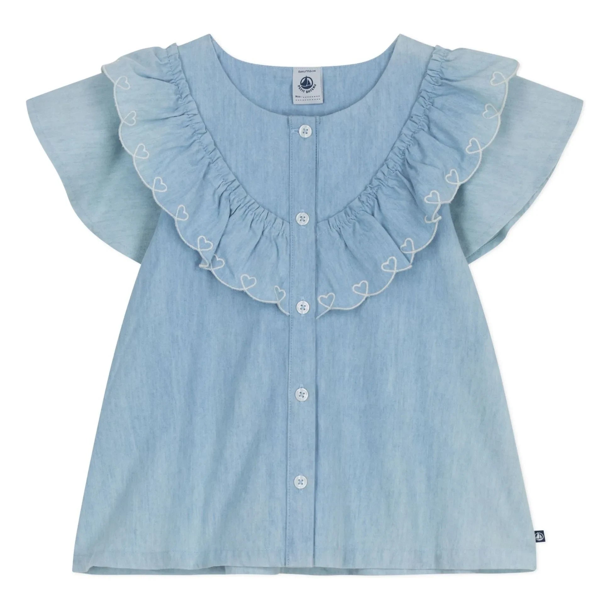 Petit Bateau - Blusa fruncida de algodón orgánico Chambray | Azul claro