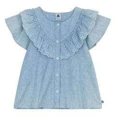 Petit Bateau - Blusa fruncida de algodón orgánico Chambray | Azul claro
