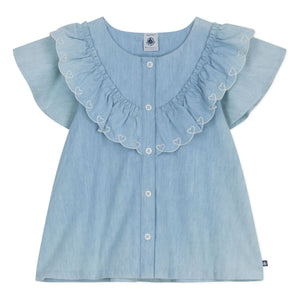 Petit Bateau - Blusa fruncida de algodón orgánico Chambray | Azul claro
