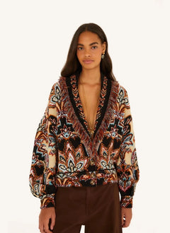 Farm Rio - Tapestry Dream Cárdigan con flecos | Negro